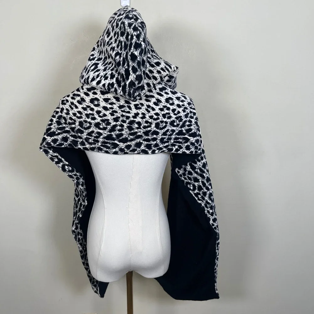 Leopard Print‎ Hooded Scarf Wrap Women Black White Animal Print Hooded Shawl